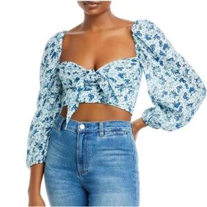 Bardot Blue Floral Tie-Front Puff Sleeve Crop Top